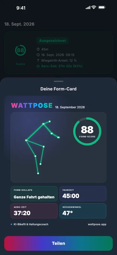 Form-Card mit WattPose-Logo, Skelett und Form-Score 88