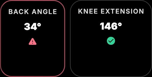 Back angle 34 degrees with warning icon, knee extension 146 degrees fine